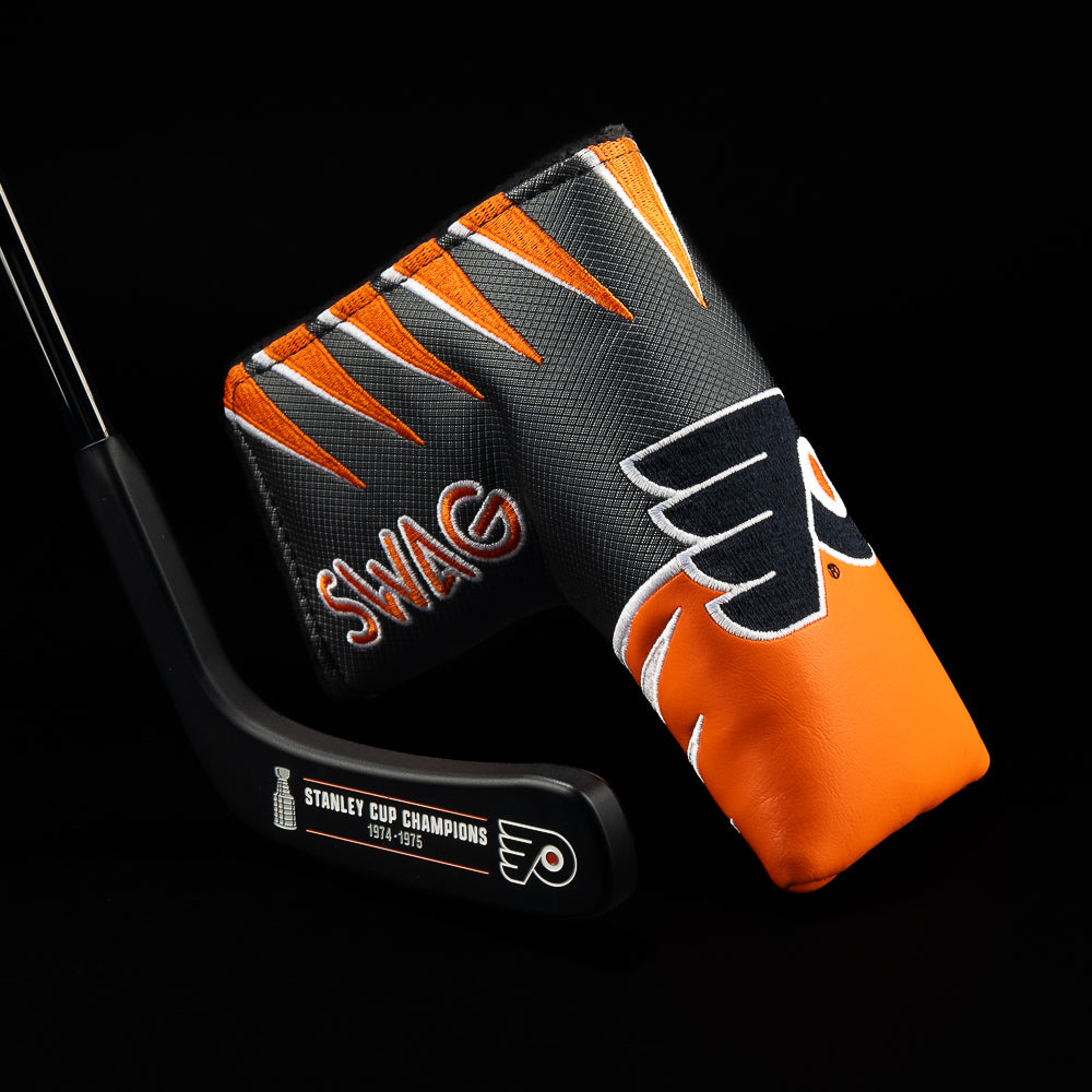 NHL Philadelphia Flyers Hockey Blade Putter paired with a Flyers orange and black jersey blade cover.