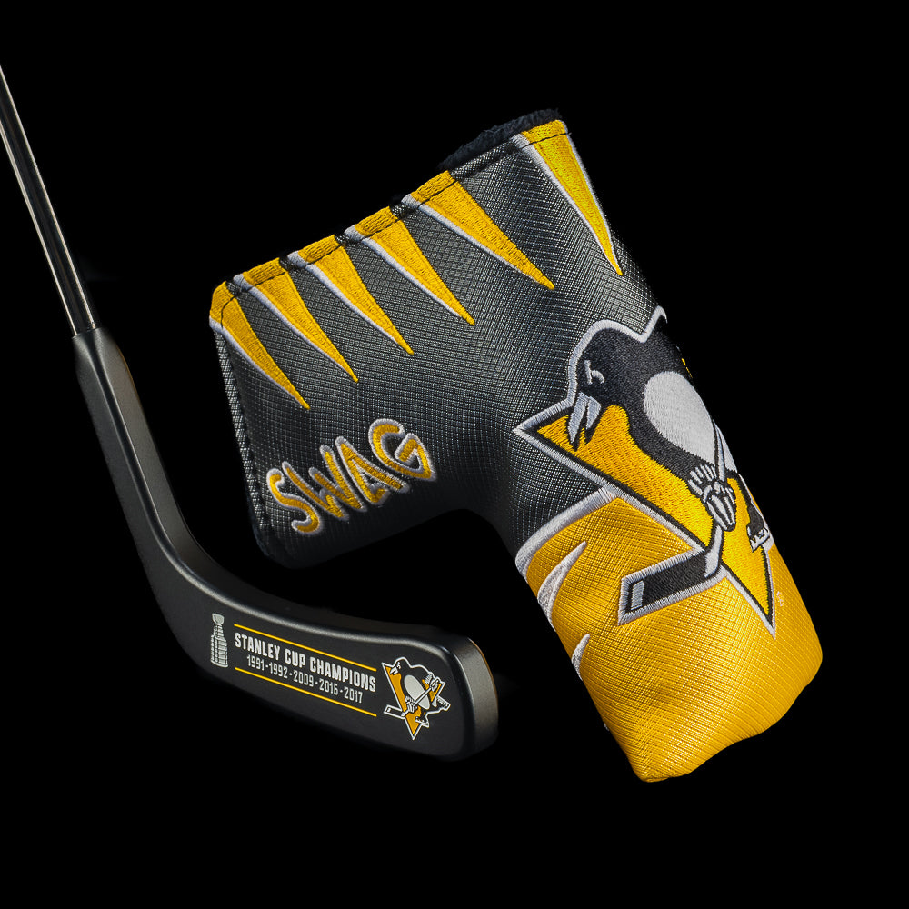SWAG Golf X Pittsburgh Penguins Hockey Blade Putter paired with a Pittsburgh Penguins jersey blade cover.
