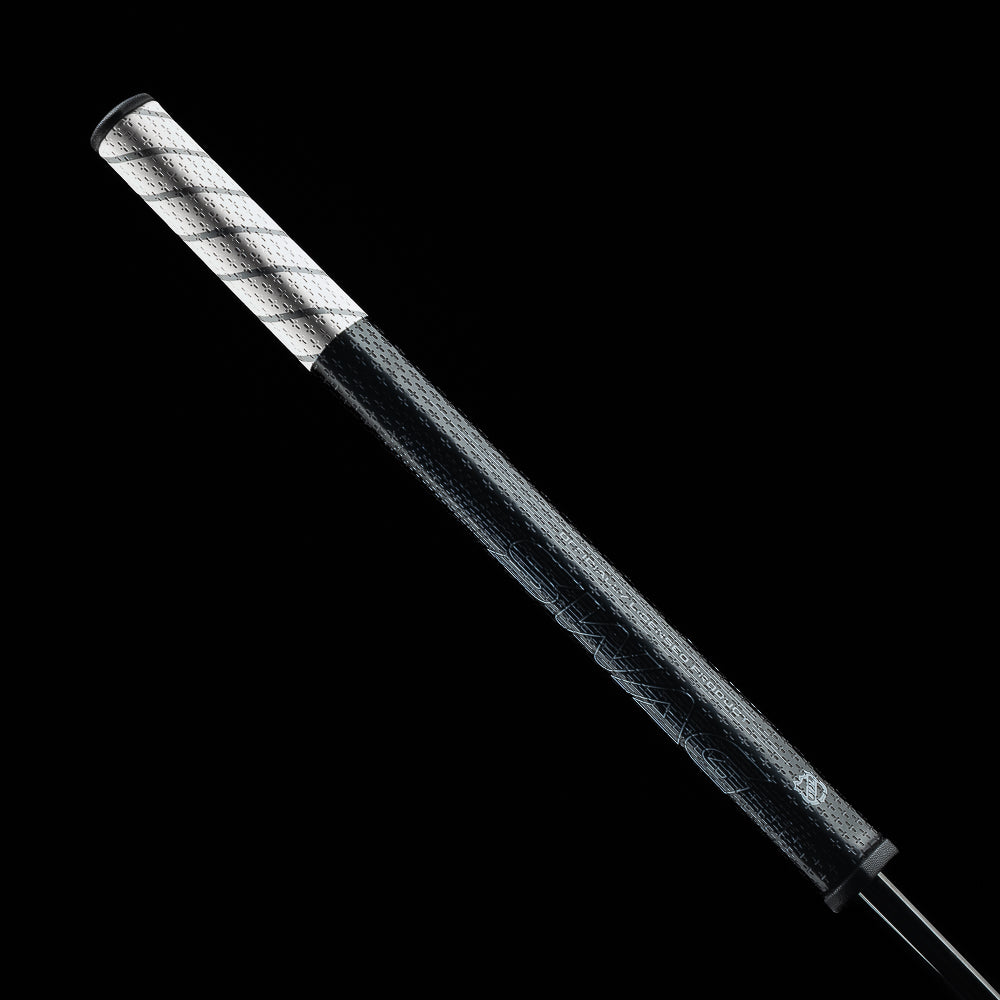 SWAG Golf x NHL hockey putter grip featuring a black body, grey and white striped tip, and SWAG logo.