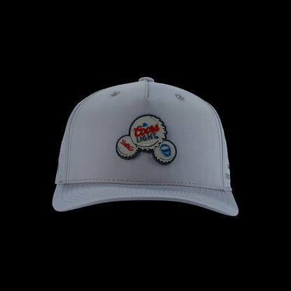 Gray performance golf hat with embroidered Coors Light and SWAG Golf logos.