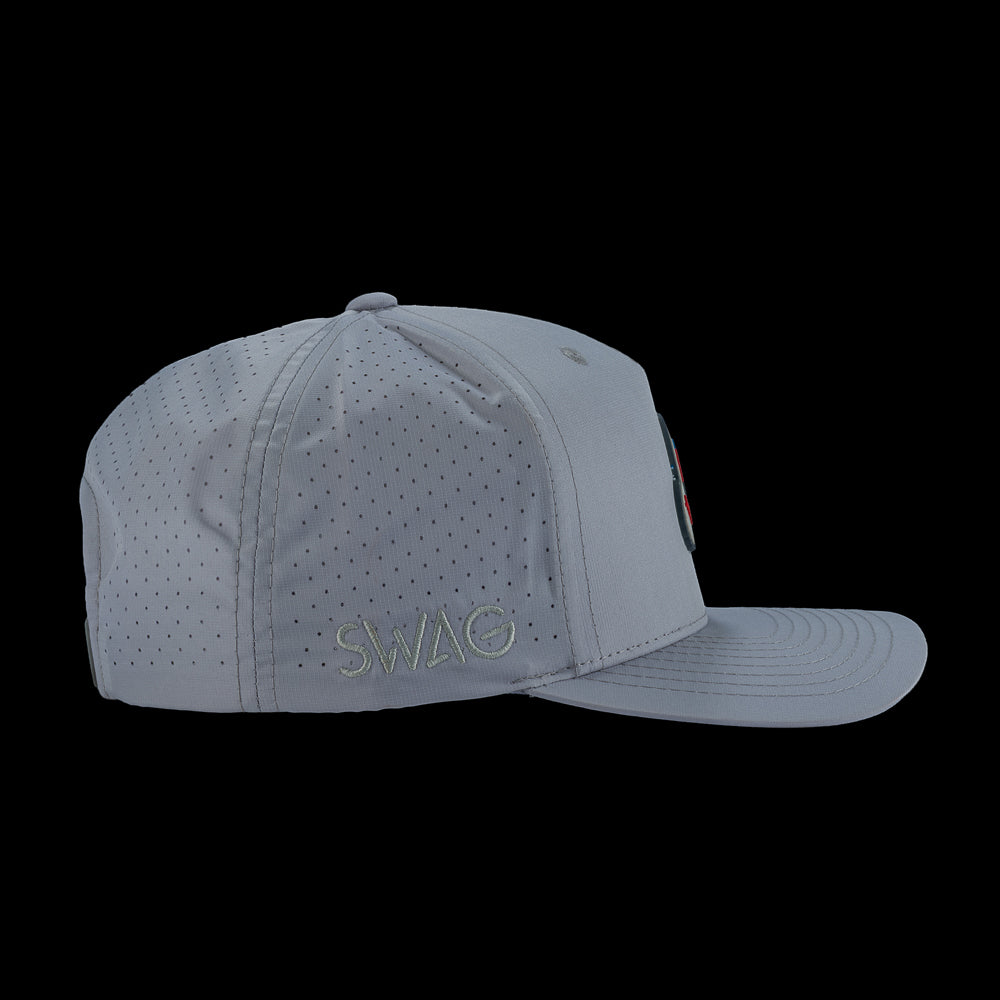 Gray performance golf hat with embroidered Coors Light and SWAG Golf logos.