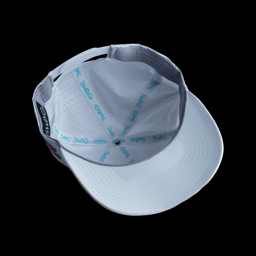 White performance golf hat with a Chicago style hot dog patch and 'Chicago Style' text on the side.
