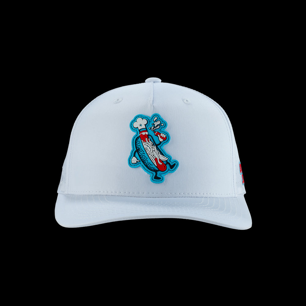 White performance golf hat with a Chicago style hot dog patch and 'Chicago Style' text on the side.