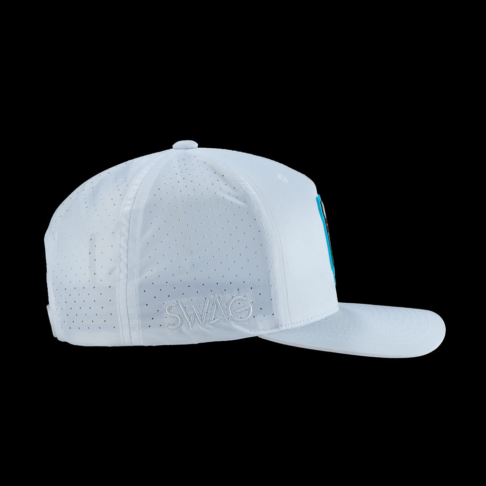 White performance golf hat with a Chicago style hot dog patch and 'Chicago Style' text on the side.