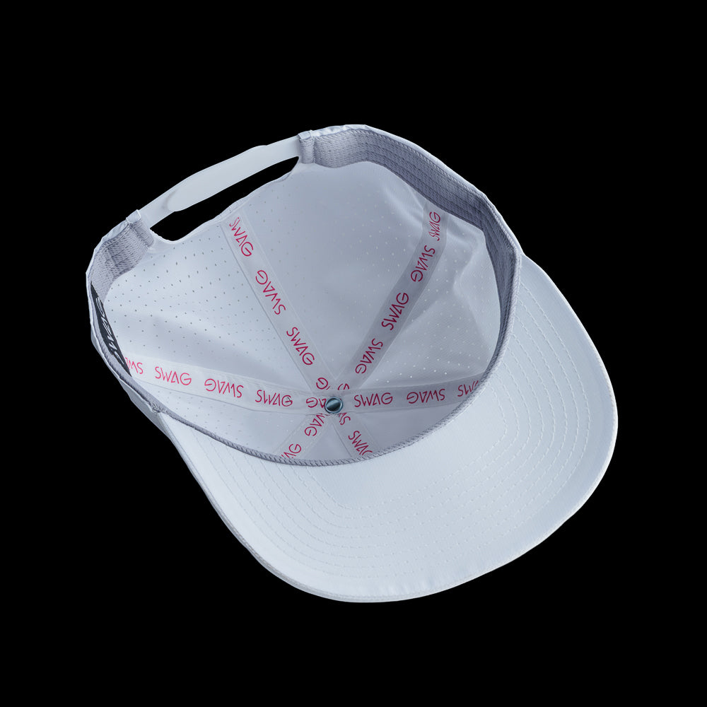 SWAG Golf men's golf hat with Flamingo floatie rubber patch on a white performance material.