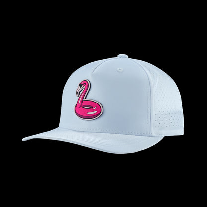 SWAG Golf men's golf hat with Flamingo floatie rubber patch on a white performance material.