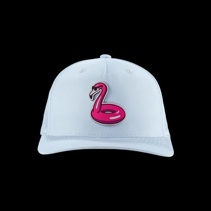 SWAG Golf men's golf hat with Flamingo floatie rubber patch on a white performance material.