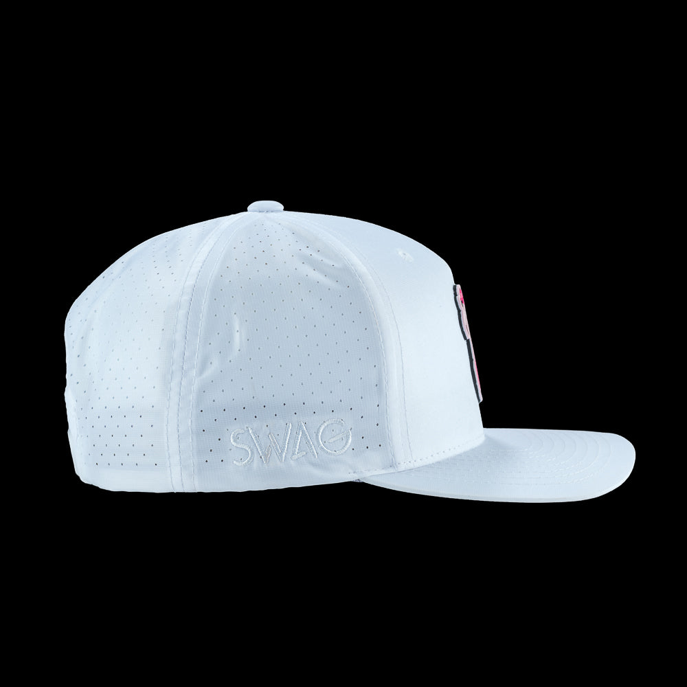 SWAG Golf men's golf hat with Flamingo floatie rubber patch on a white performance material.