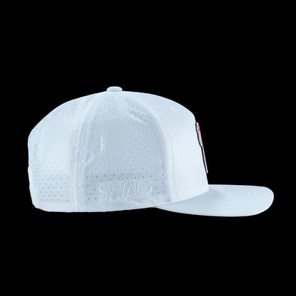 SWAG Golf men's golf hat with Flamingo floatie rubber patch on a white performance material.