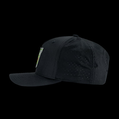 Black performance golf hat with a colorful bourbon glass skull graphic rubber patch on a black background