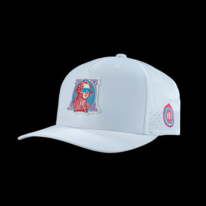 White men's golf cap with George Washington decorative rubber patch on a white background