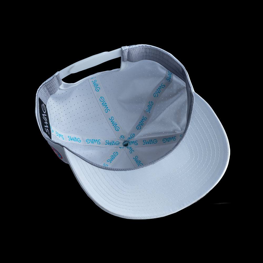 White men's golf cap with George Washington decorative rubber patch on a white background