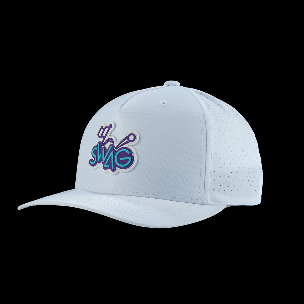 SWAG Golf white performance snapback golf hat with rubber SWAG pin high logo on the front.