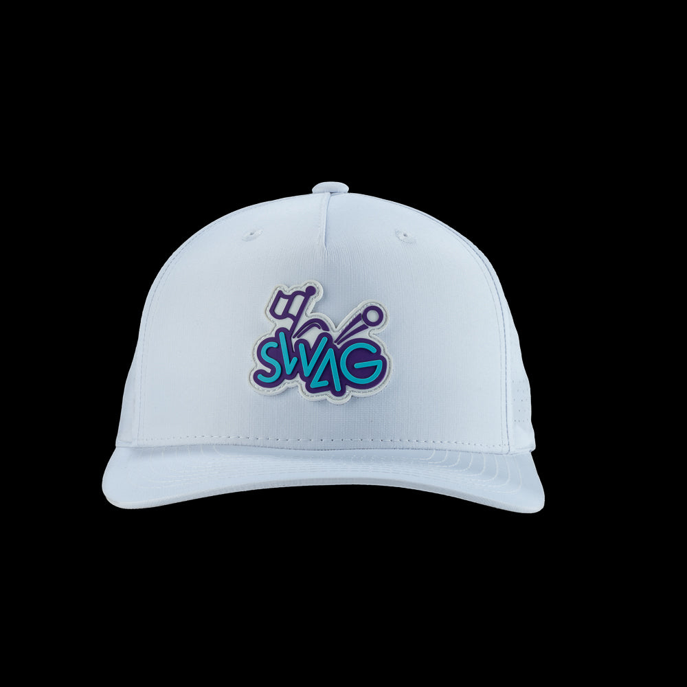 SWAG Golf white performance snapback golf hat with rubber SWAG pin high logo on the front.