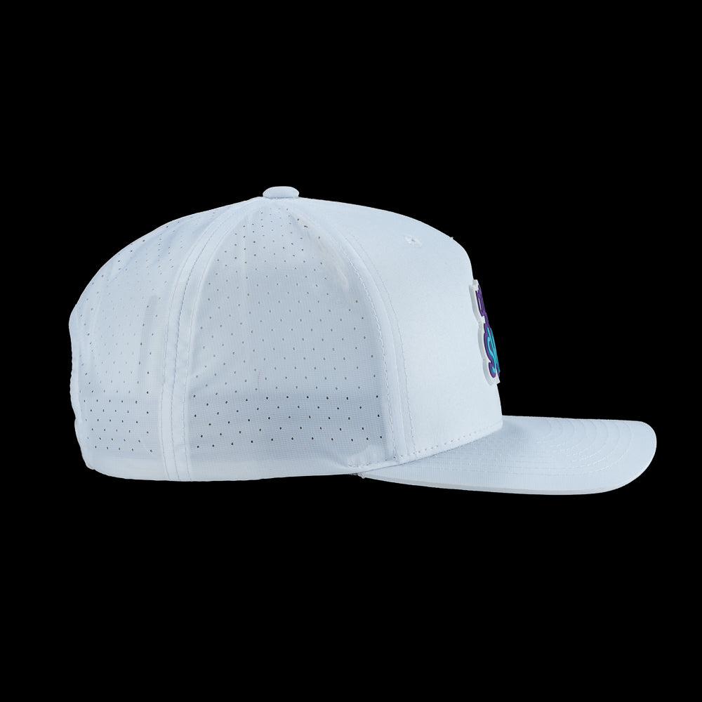 SWAG Golf white performance snapback golf hat with rubber SWAG pin high logo on the front.