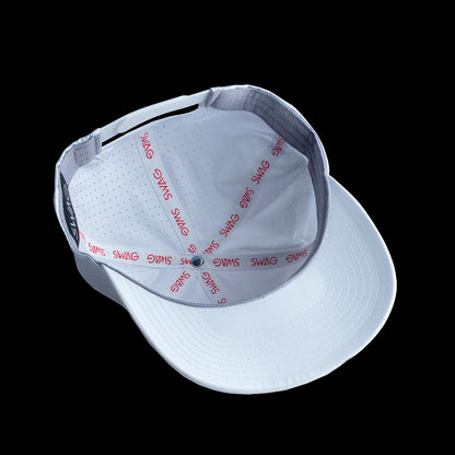 SWAG Golf white performance golf hat with pink SWAG cola script rubber patch logo on the front.