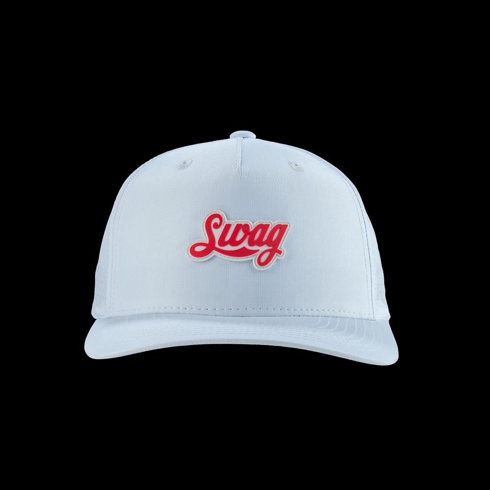 SWAG Golf white performance golf hat with pink SWAG cola script rubber patch logo on the front.