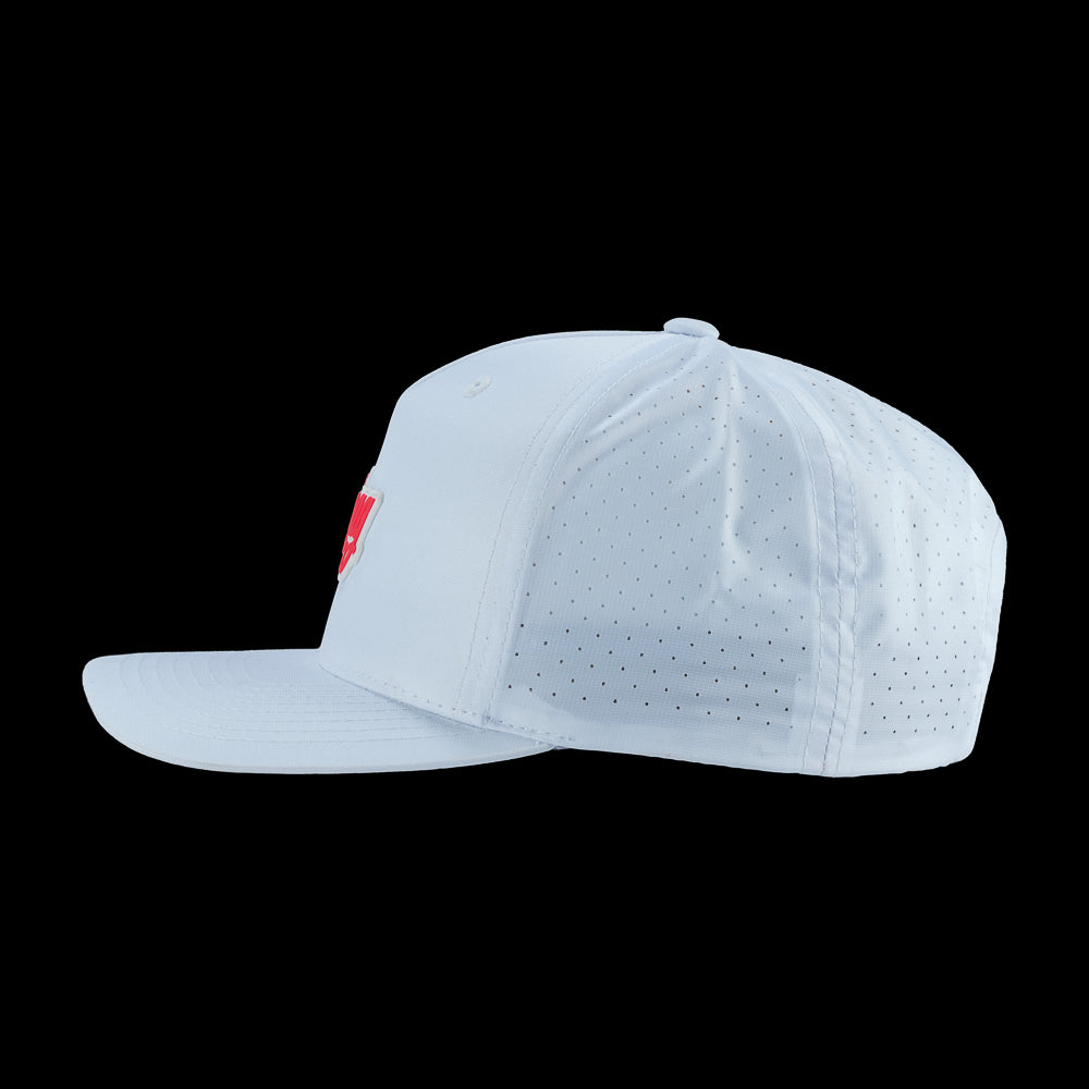 SWAG Golf white performance golf hat with pink SWAG cola script rubber patch logo on the front.