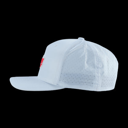 SWAG Golf white performance golf hat with pink SWAG cola script rubber patch logo on the front.