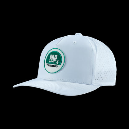White golf cap with a green and white logo on a black background