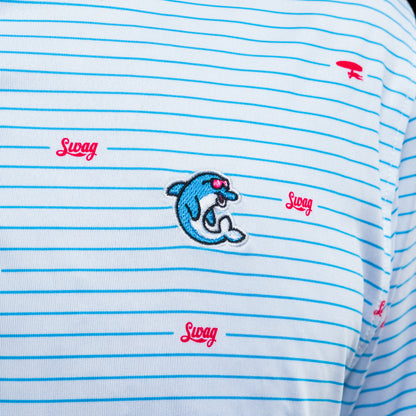 SWAG x Johnnie-O white and blue striped men's short sleeve performance golf polo shirt with red logo patterns.
