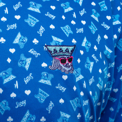 SWAG x Johnnie-O blue men's short sleeve performance golf polo with King and jack print.