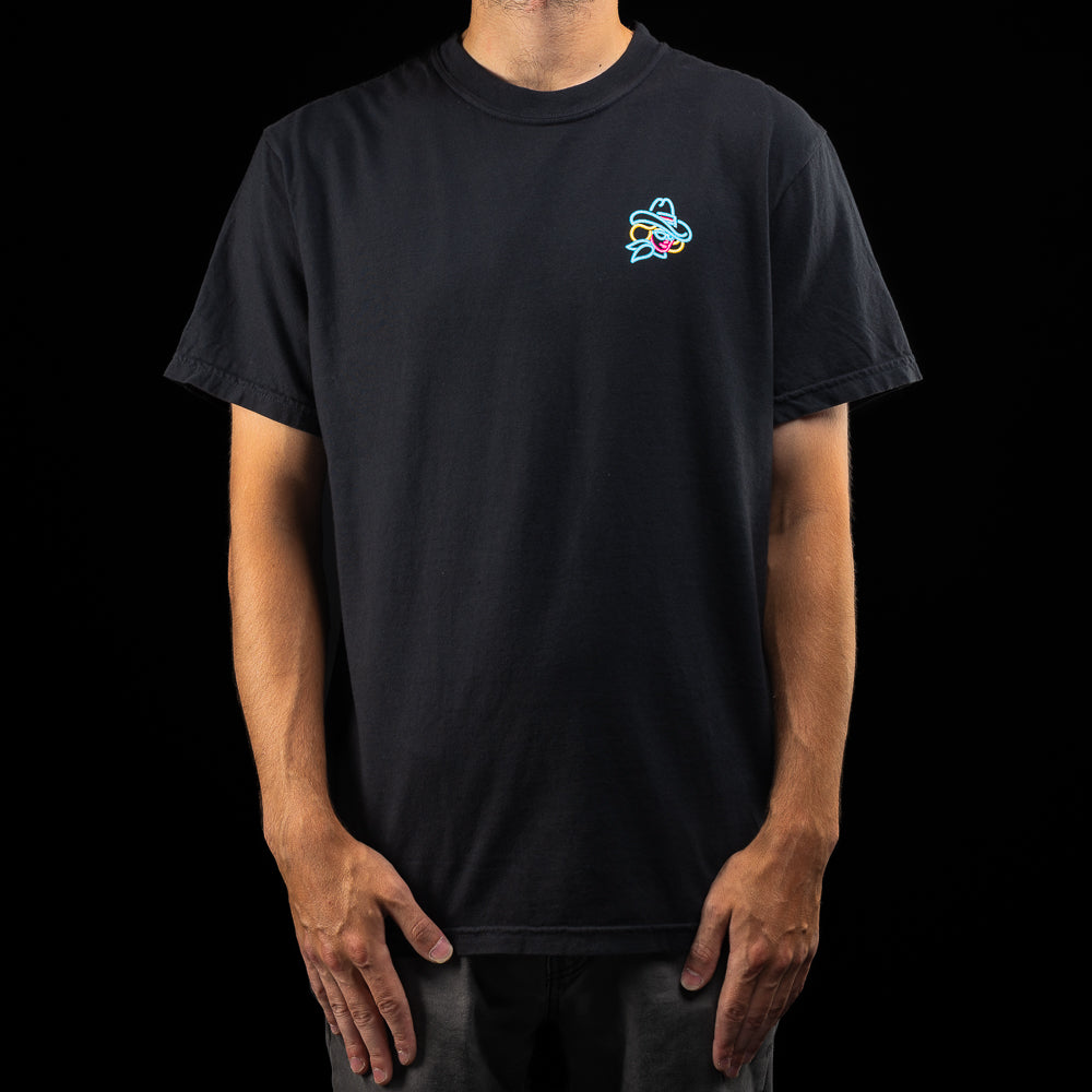 SWAG Casino Cowgirl T-Shirt in black with neon cowgirl back graphic and small chest detail.