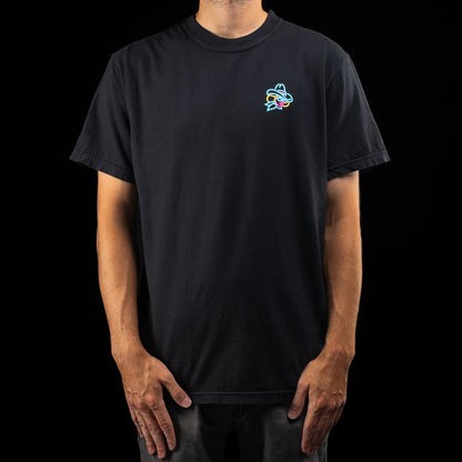 SWAG Casino Cowgirl T-Shirt in black with neon cowgirl back graphic and small chest detail.