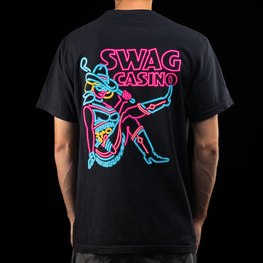 SWAG Casino Cowgirl T-Shirt in black with neon cowgirl back graphic and small chest detail.