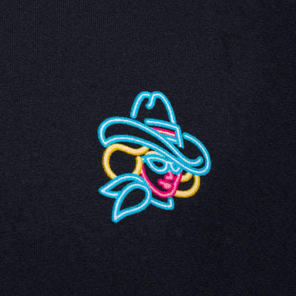 SWAG Casino Cowgirl T-Shirt in black with neon cowgirl back graphic and small chest detail.