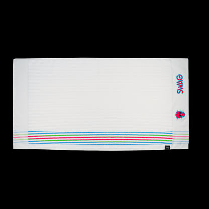 White towel with colorful stripes and 'SWAG' branding on a black background