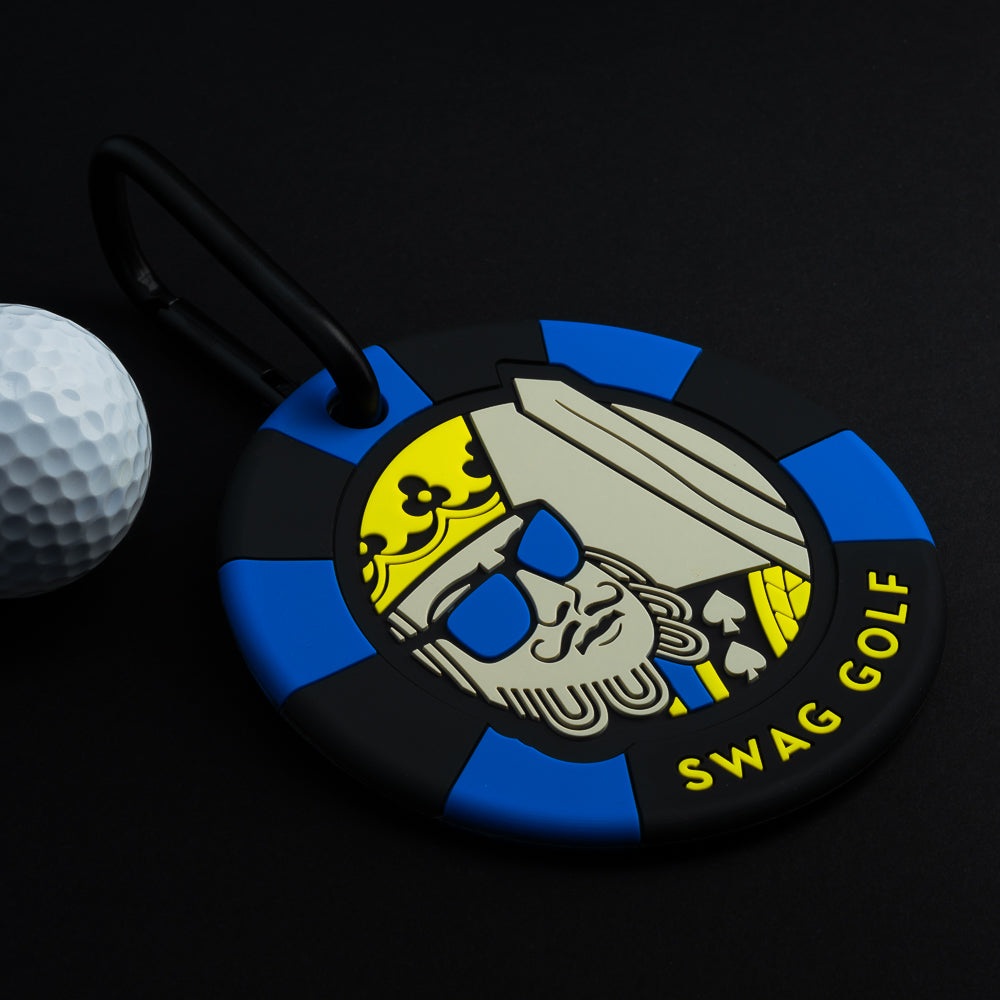 Swag Golf poker chip king themed blue, black, gray, and yellow golf putting disc accessory.