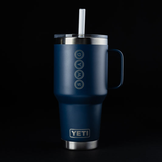 Swag x Yeti Lincoln navy blue 35oz rambler drinkware accessory.