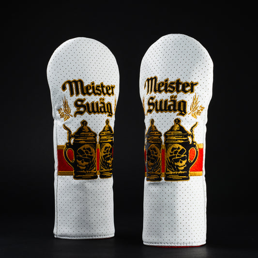 Meister Swag beer themed white and red fairway wood golf head cover made in the USA.