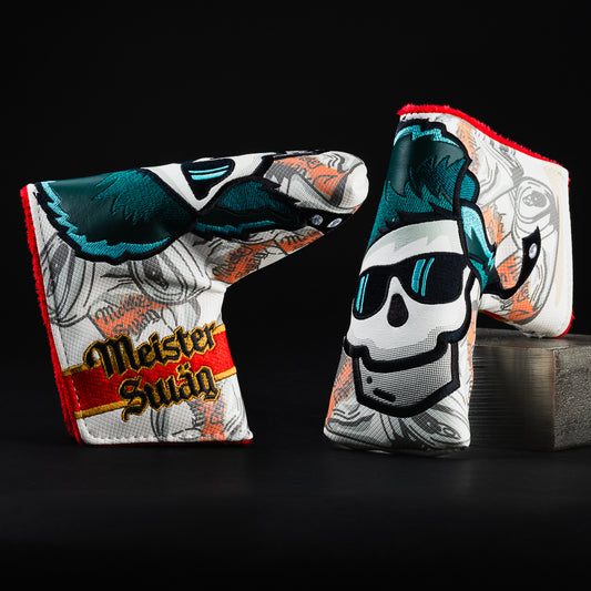 Swag Golf white, red, and green drunk cousin skull themed blade putter golf head cover made in the USA.