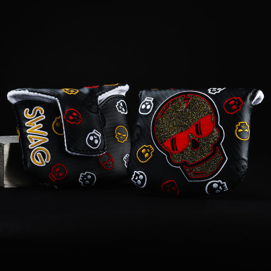 Swag black, red, and gold sparkle skull mallet putter golf head cover made in the USA.