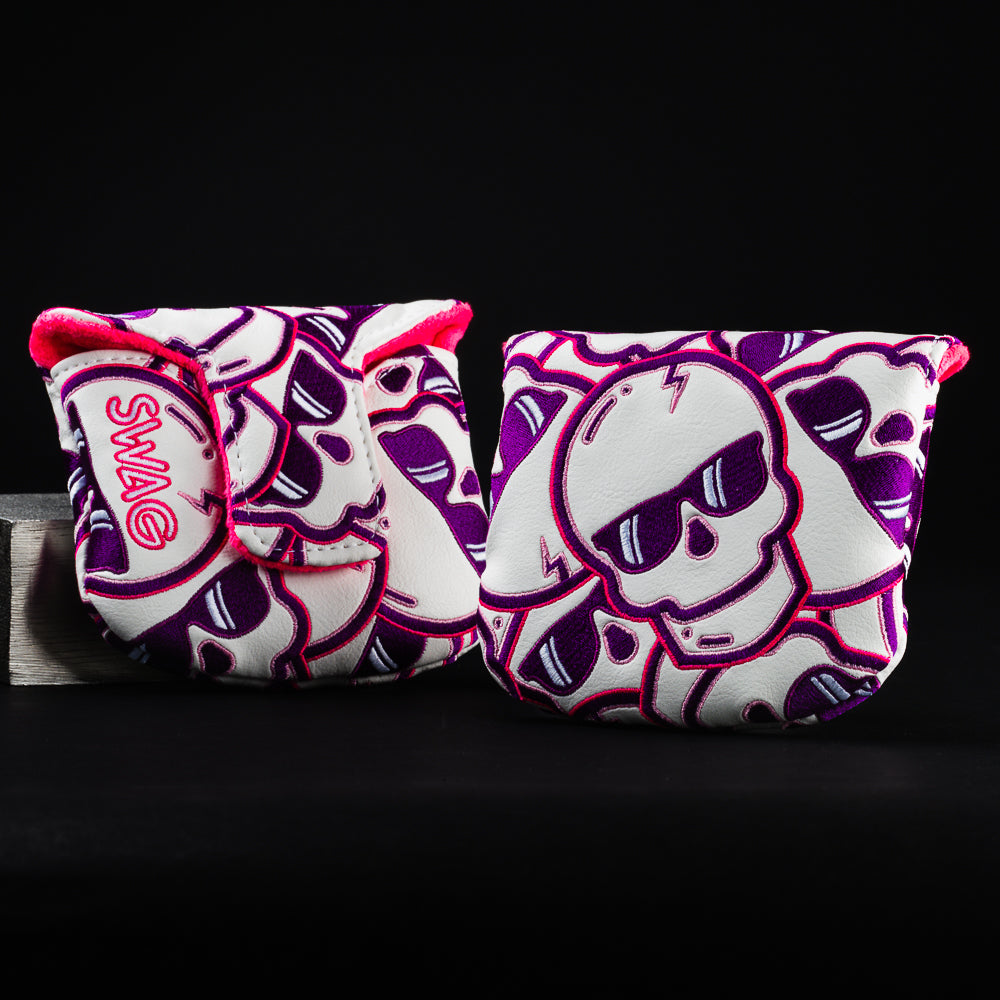 Pink and purple Swag stacked skulls 2.0 mallet putter golf head cover made in the USA.