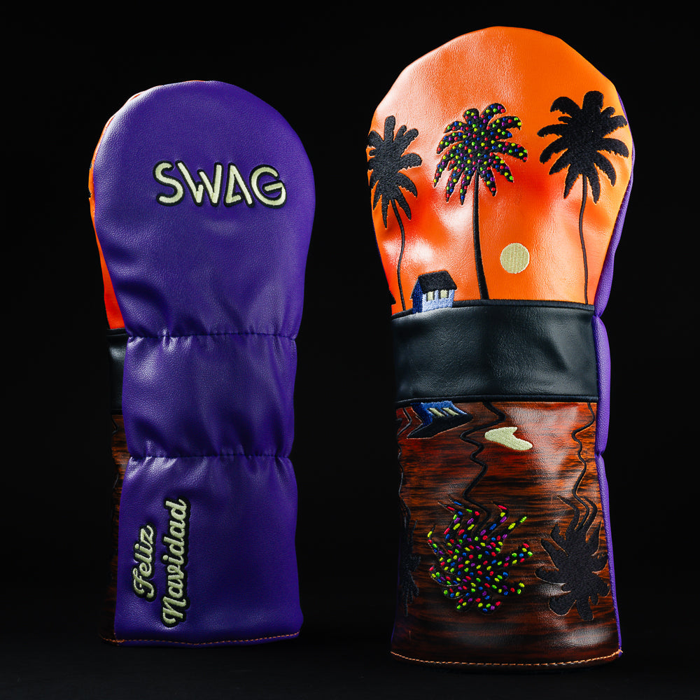 Feliz Navidad red, orange, and purple sunset themed driver golf headcover made in the USA.