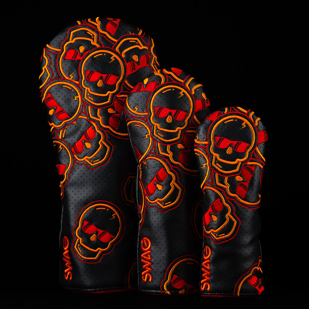 Falling skulls black, orange, and red golf wood head cover set of driver, fairway and hybrid.