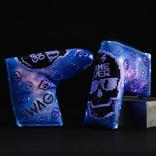 Swag Golf blue and purple game over themed skull blade putter golf head cover made in the USA.