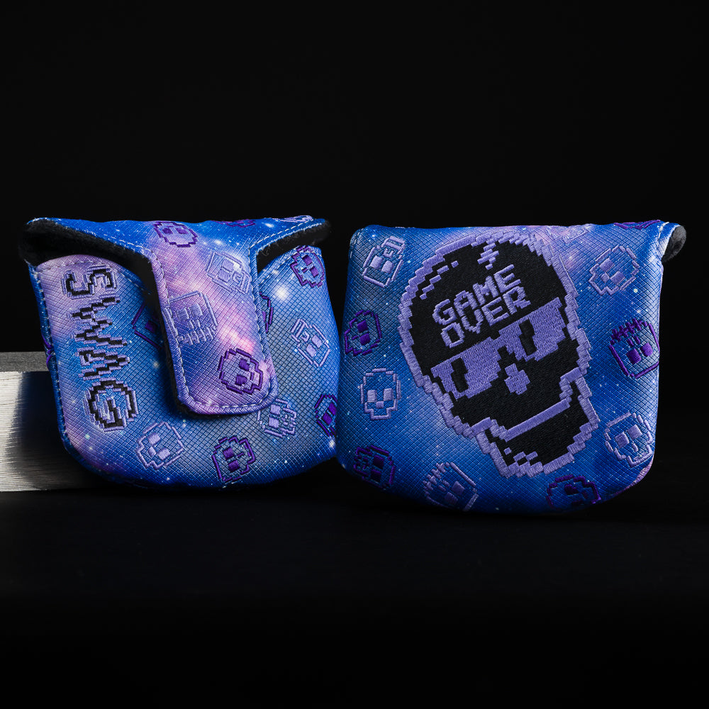 Swag Golf blue and purple game over themed skull mallet putter golf head cover made in the USA.