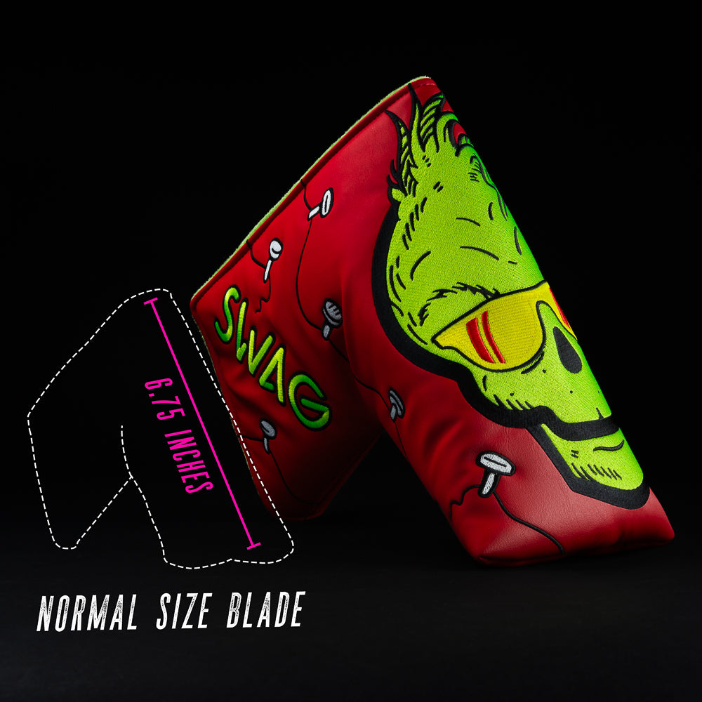Swag Golf jumbo sized red and green grinch themed blade putter golf headcover.