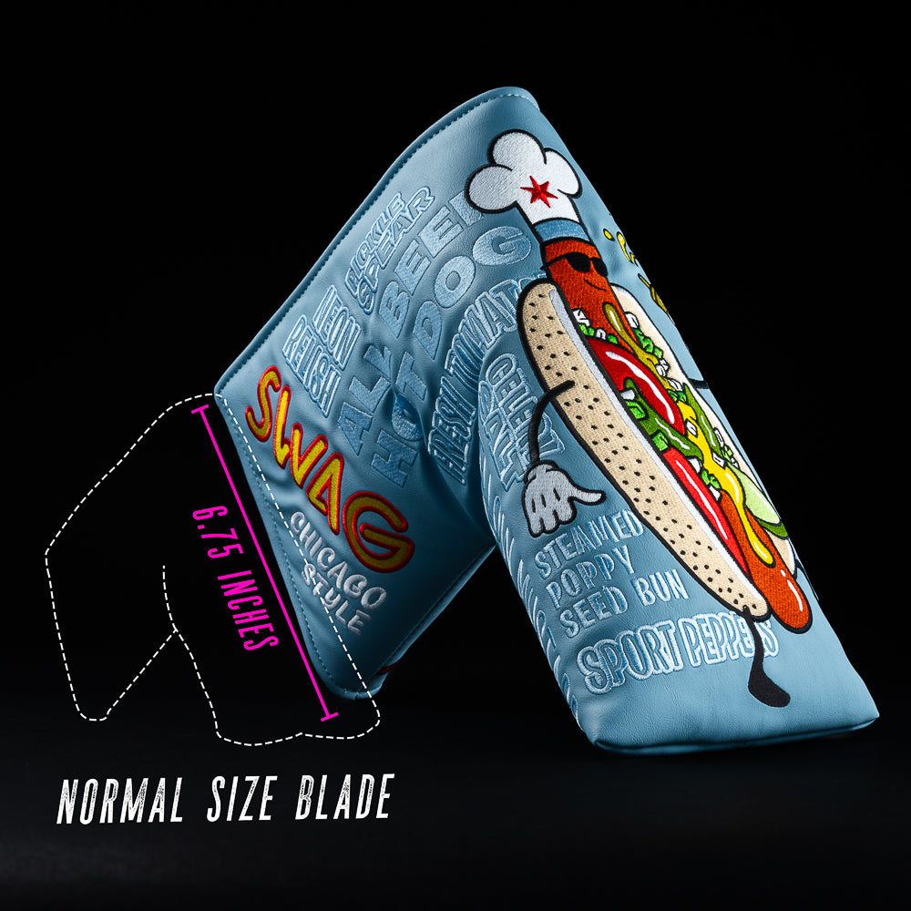 Swag Golf jumbo sized blue Chicago style hot dog themed blade putter golf headcover.