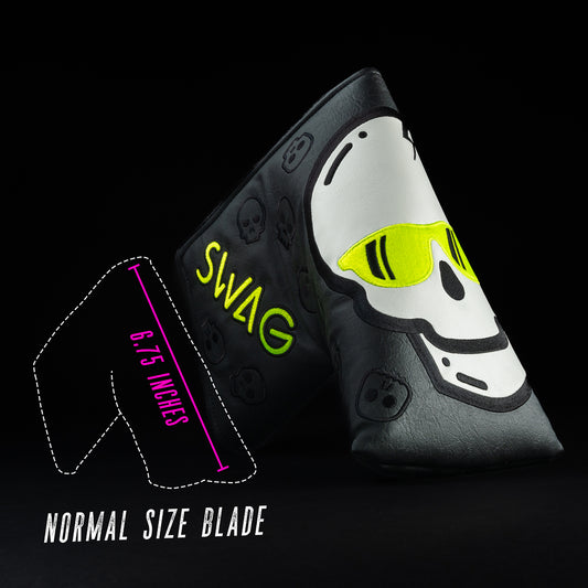 Swag Golf jumbo sized black, green, and white skull blade putter golf headcover.