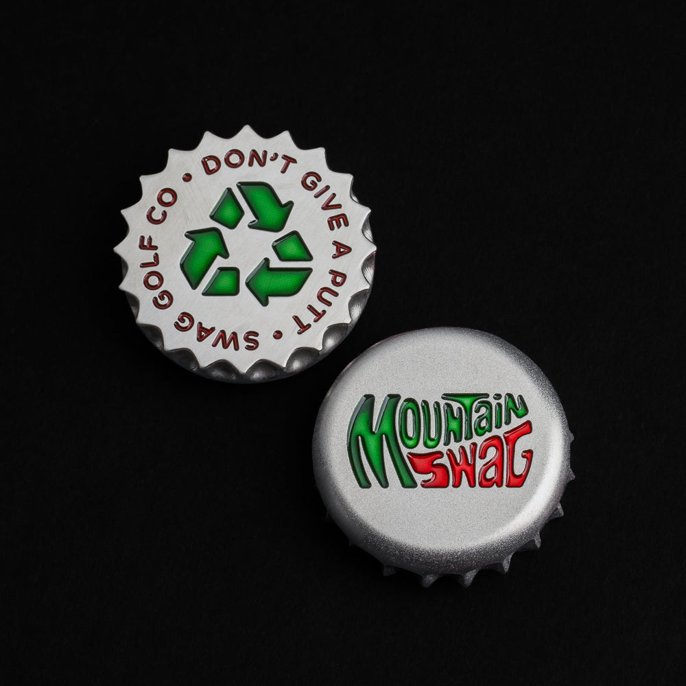 Swag Golf mountain swag themed stainless steel bottle cap golf ball marker accessory.