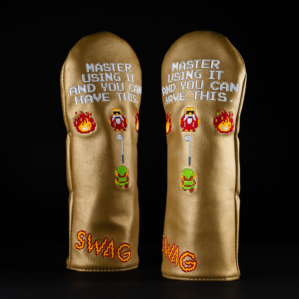 Swag Golf 8-bit wooden club video game themed gold fairway wood golf headcover made in the USA.