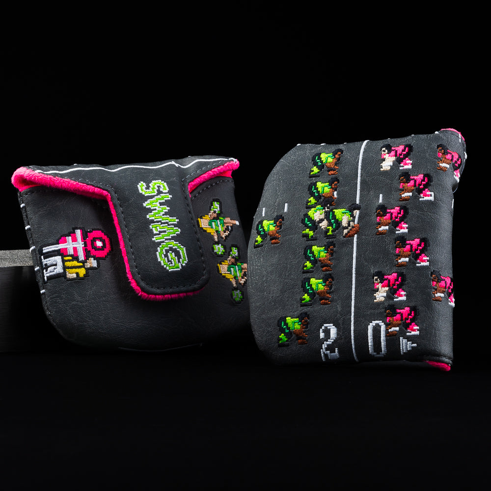 Swagmo Bowl football video gamed themed black, neon pink and green mallet putter golf head cover.
