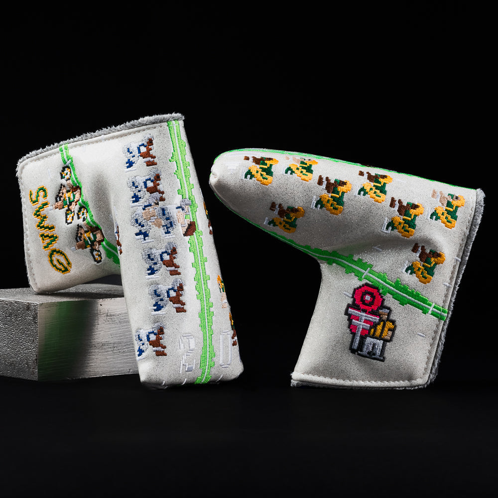 Swagmo Bowl football video game themed white blade putter golf headcover made in the USA.