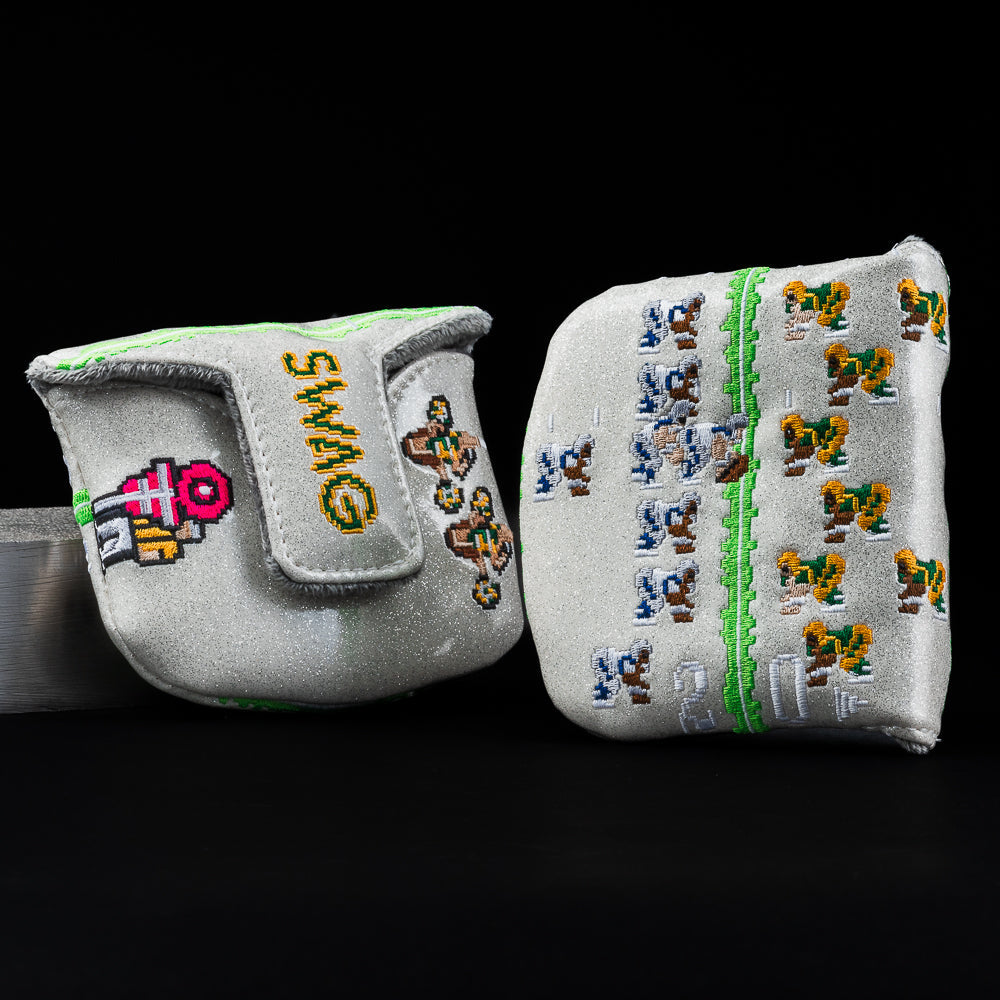 Swagmo Bowl football video game themed white mallet putter golf headcover made in the USA.