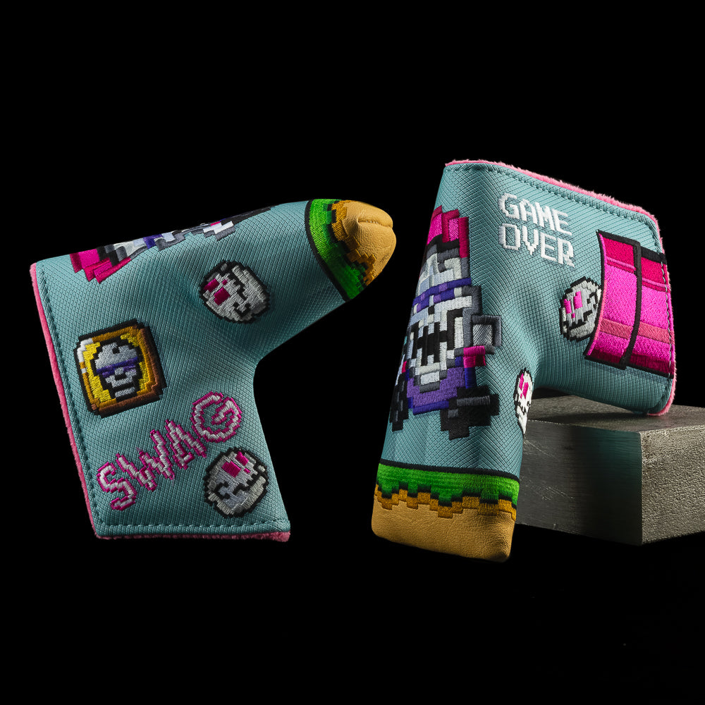 SWAG Golf Death of Pario video game themed blue, brown, and pink blade headcover made in the USA.